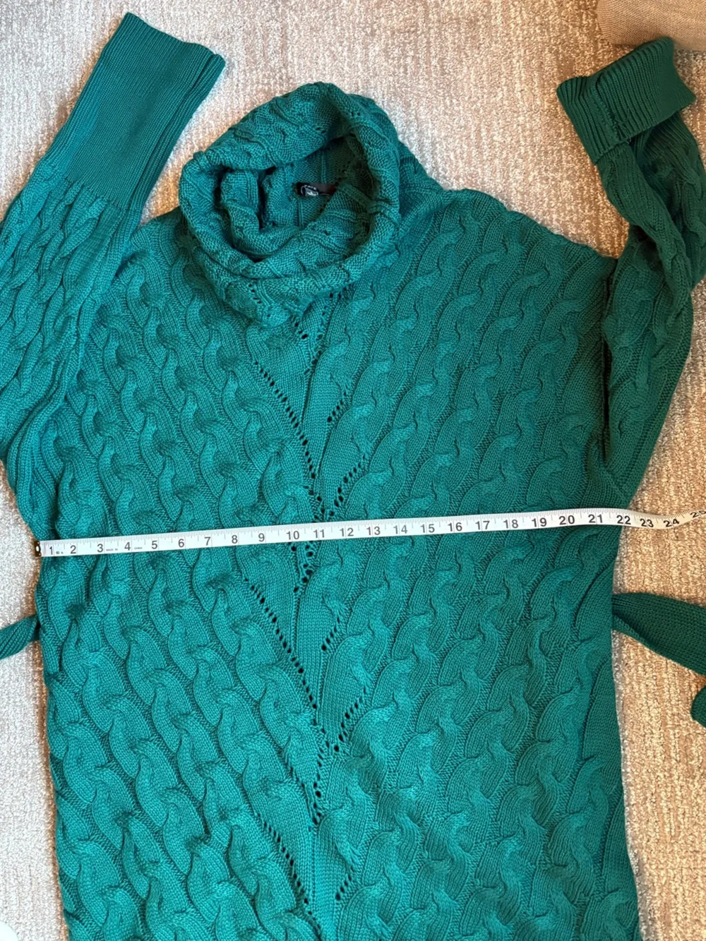 Fate Emerald Green Cable Knit Cowl Raw Hem Sweater Dress | Size L